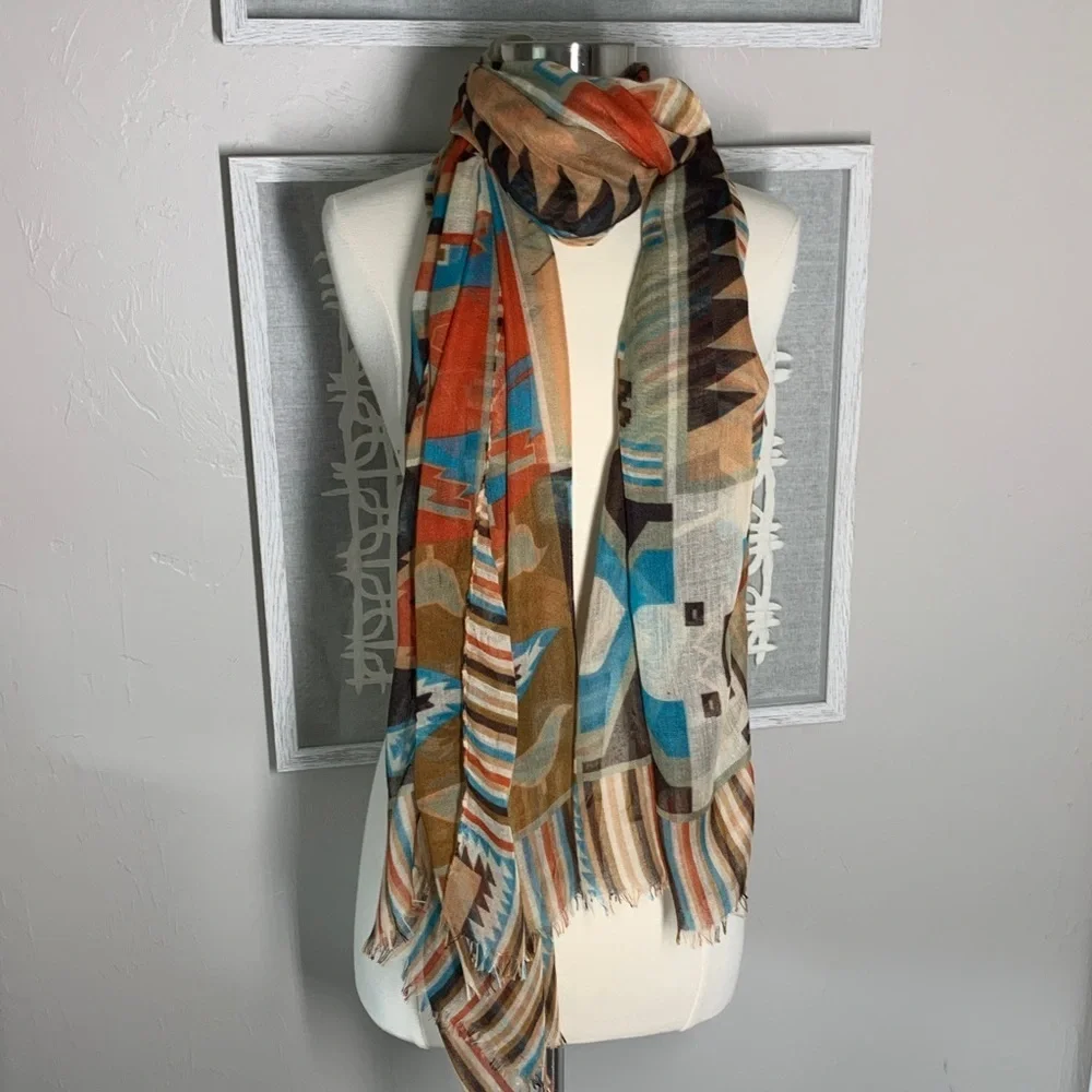 Southwestern print scarf brown, tan, orange, turquoise